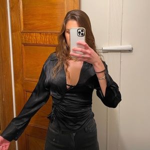 NWT Zara Silk Long Sleeve Black Blouse. Size XS.